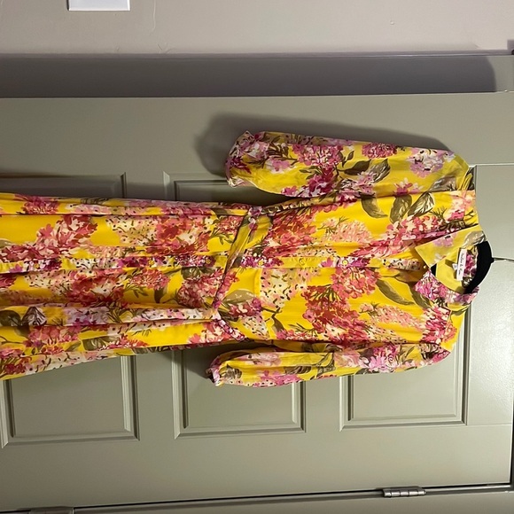 Harlow & Rose yellow and hot pink 3/4 sleeves flared midi dress with belt - Picture 3 of 8